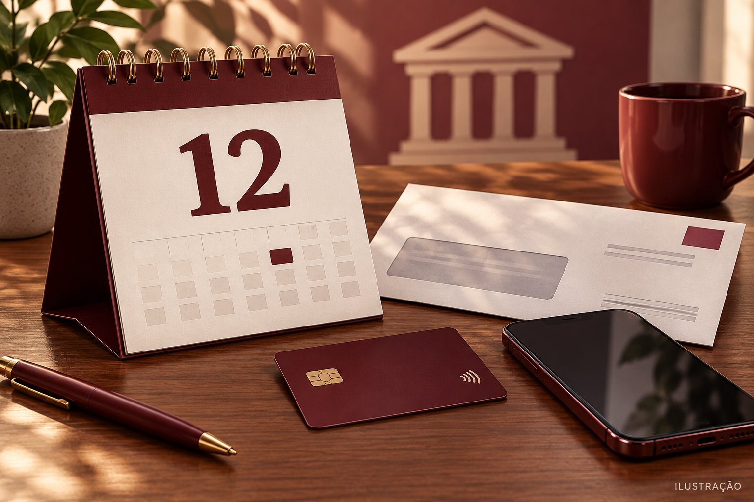Ilustração de calendário do dia 12, cartão bancário e celular.