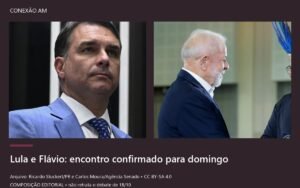 Composição editorial com fotos reais de arquivo de Lula e Flávio Bolsonaro em painéis equivalentes; não retrata o debate.