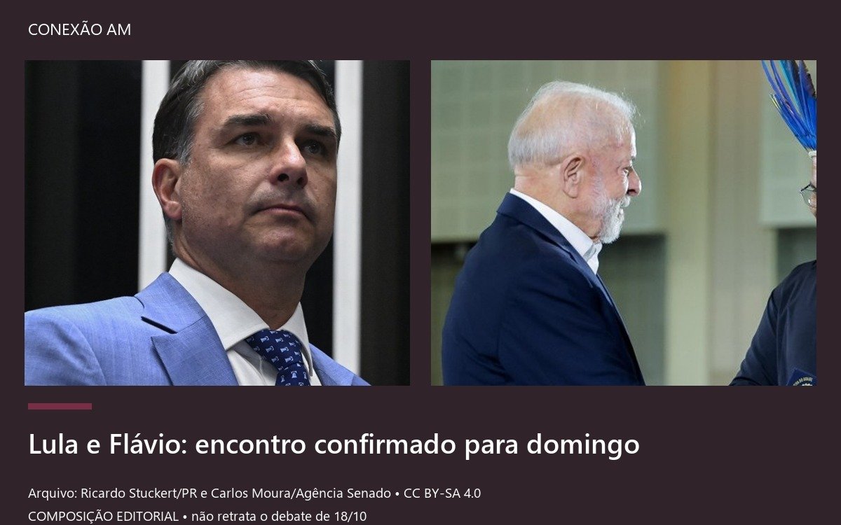 Composição editorial com fotos reais de arquivo de Lula e Flávio Bolsonaro em painéis equivalentes; não retrata o debate.