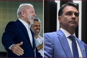 Montagem com fotografias de arquivo de Lula e Flávio Bolsonaro em áreas iguais; não registra encontro.