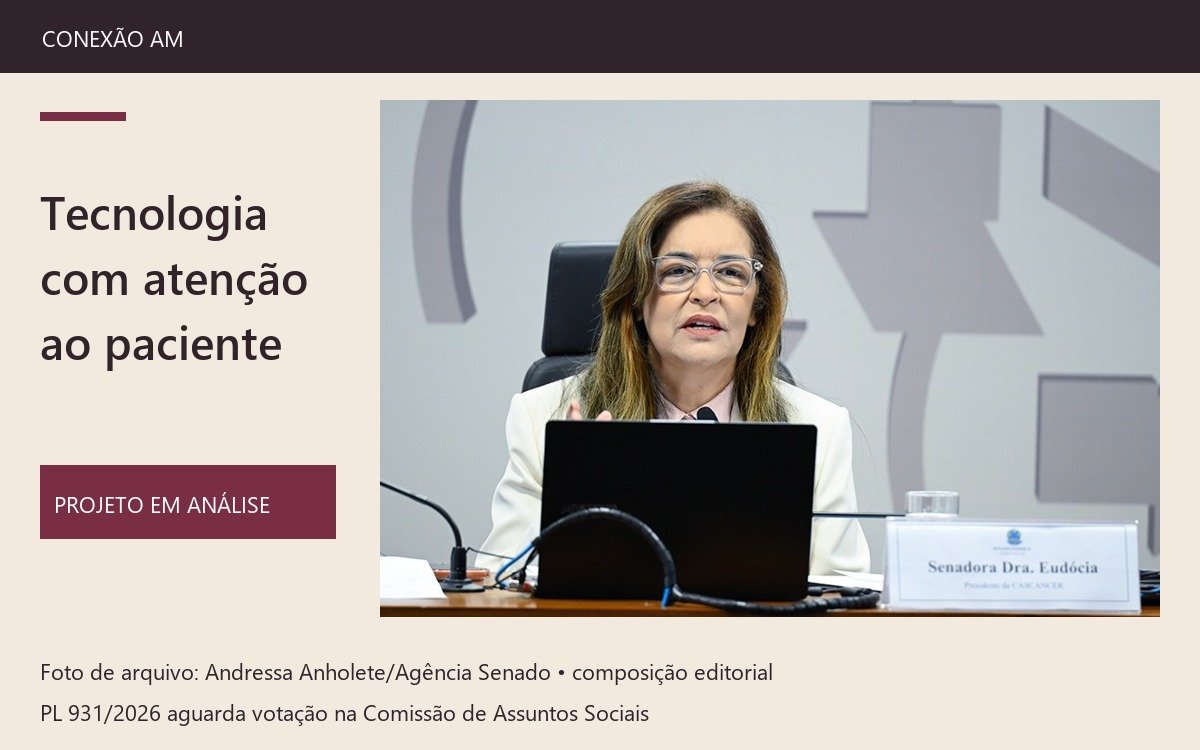 Foto de arquivo de Dra. Eudócia à mesa de audiência, em composição sobre IA na saúde.
