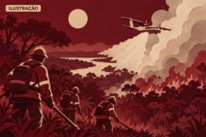 Ilustração de brigadistas e apoio aéreo no combate aos incêndios no Amazonas.