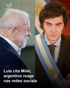 Montagem com fotografias de arquivo de Lula, à esquerda, e Javier Milei, à direita. Como a fala de Lula no debate repercutiu em postagem de Milei
