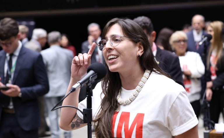 Natália Bonavides fala ao microfone no Plenário da Câmara; foto de arquivo.
