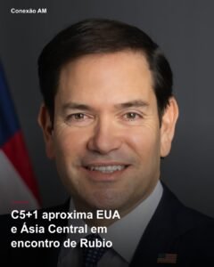 Marco Rubio em fotografia de arquivo, com manchete sobre o encontro diplomático C5+1.